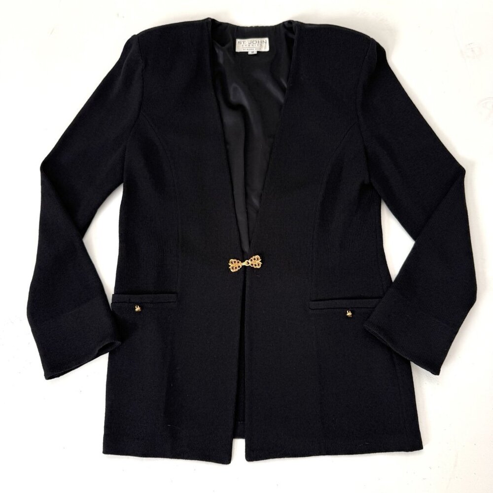 St. John Evening Size 10 Black Knit Blazer Jacket Gold Tone Bow Close With Pads
